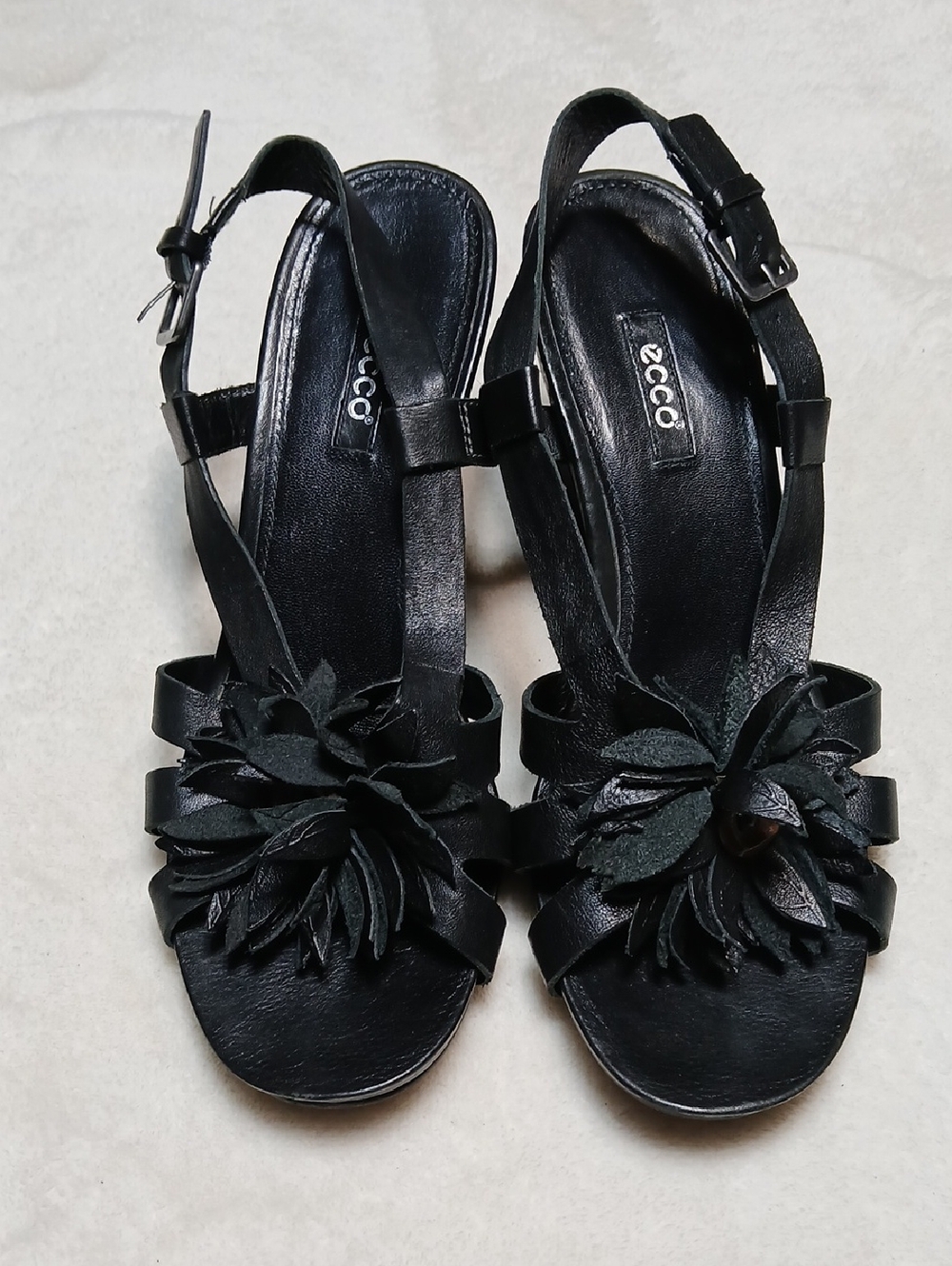 Ecco Black Leather Floral Wedge Slingback Sandals Size 39
